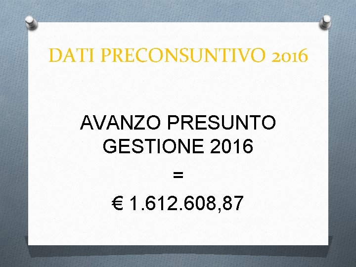 DATI PRECONSUNTIVO 2016 AVANZO PRESUNTO GESTIONE 2016 = € 1. 612. 608, 87 