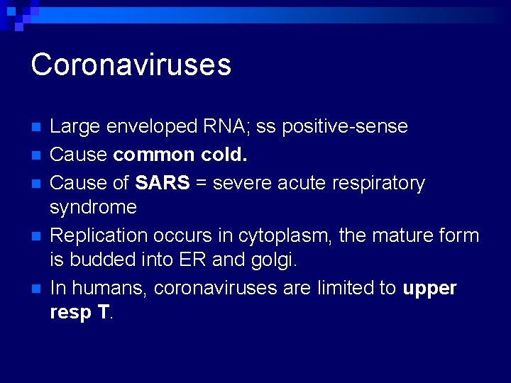 Coronaviruses n n n Large enveloped RNA; ss positive-sense Cause common cold. Cause of