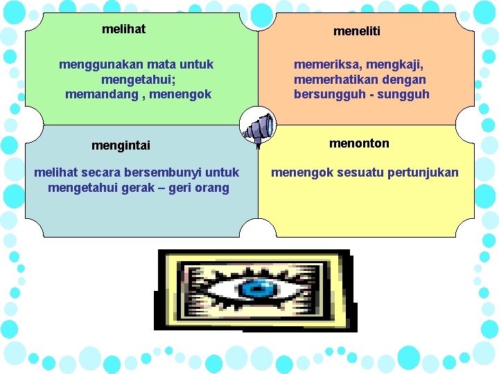 melihat menggunakan mata untuk mengetahui; memandang , menengok mengintai melihat secara bersembunyi untuk mengetahui