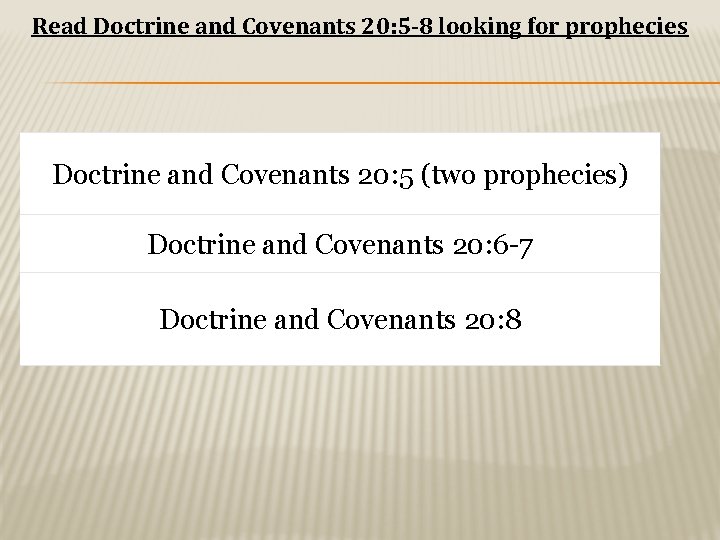 Read Doctrine and Covenants 20: 5 -8 looking for prophecies Doctrine and Covenants 20: Read Doctrine and Covenants 20: 5 -8 looking for prophecies Doctrine and Covenants 20: