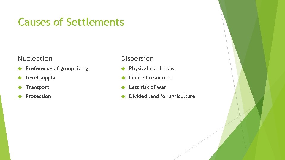 Causes of Settlements Nucleation Dispersion Preference of group living Physical conditions Good supply Limited