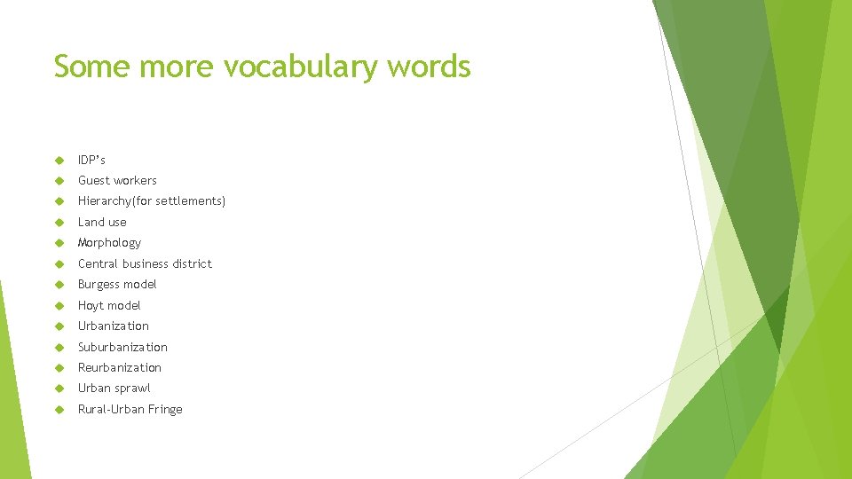 Some more vocabulary words IDP’s Guest workers Hierarchy(for settlements) Land use Morphology Central business