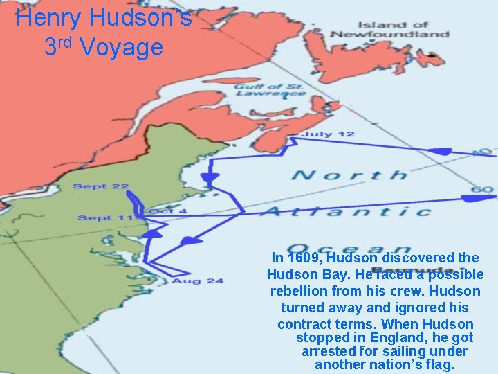 Henry Hudson’s 3 rd Voyage In 1609, Hudson discovered the Hudson Bay. He faced