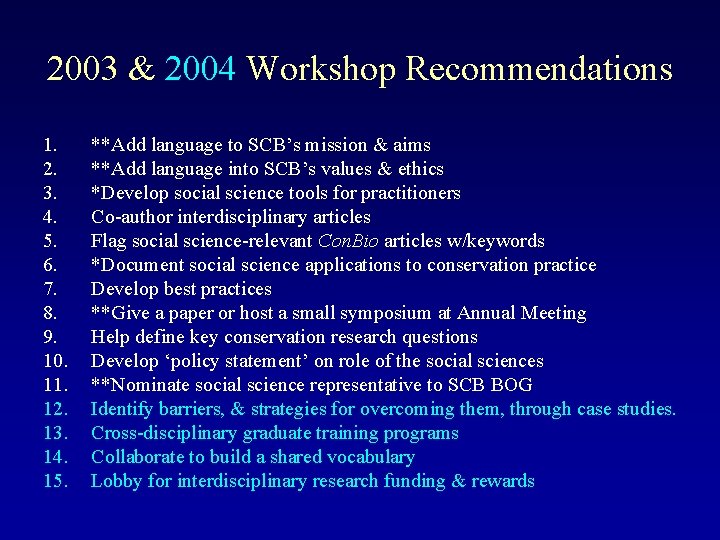 2003 & 2004 Workshop Recommendations 1. 2. 3. 4. 5. 6. 7. 8. 9.