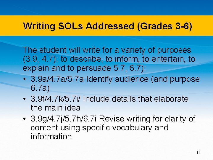 Writing SOLs Addressed (Grades 3 -6) The student will write for a variety of