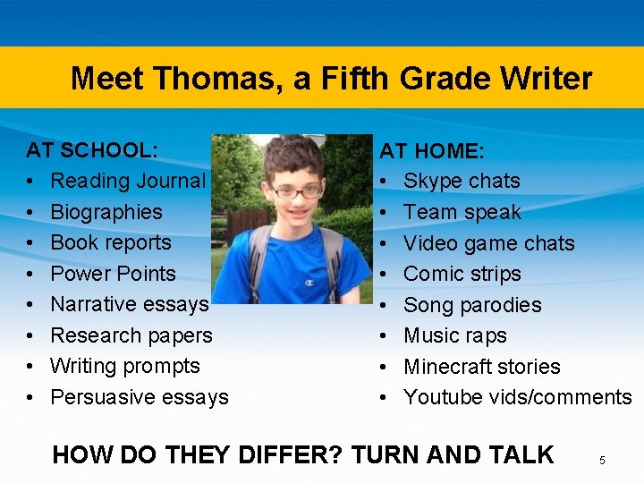 Meet Thomas, a Fifth Grade Writer AT SCHOOL: • Reading Journal • Biographies •