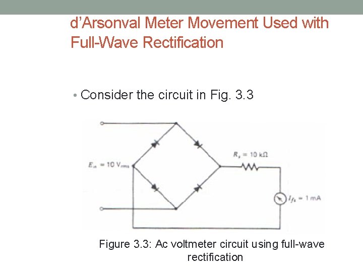 d’Arsonval Meter Movement Used with Full-Wave Rectification • Consider the circuit in Fig. 3.