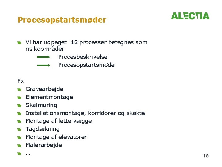 Procesopstartsmøder Vi har udpeget 18 processer betegnes som risikoområder Procesbeskrivelse Procesopstartsmøde Fx Gravearbejde Elementmontage