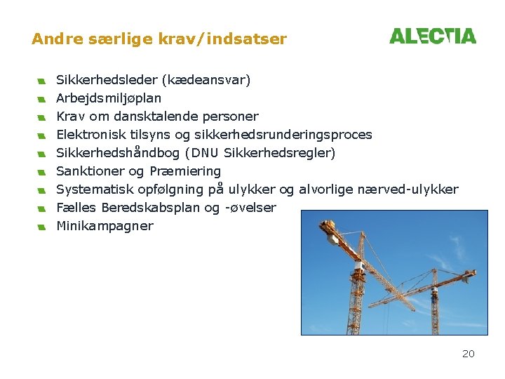 Andre særlige krav/indsatser Sikkerhedsleder (kædeansvar) Arbejdsmiljøplan Krav om dansktalende personer Elektronisk tilsyns og sikkerhedsrunderingsproces