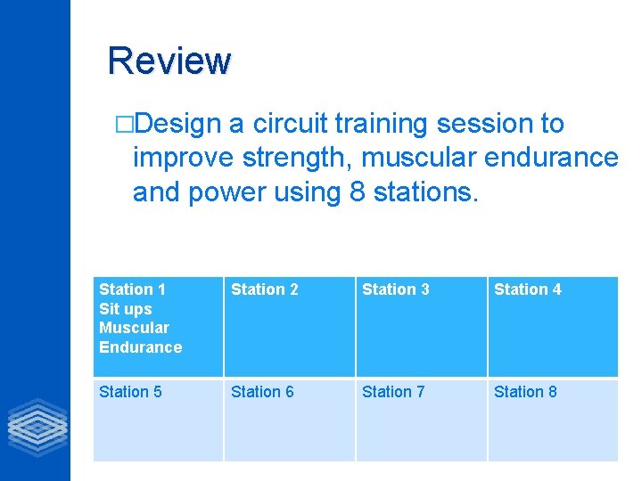 Review �Design a circuit training session to improve strength, muscular endurance and power using