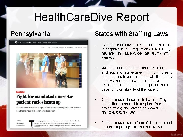 Health. Care. Dive Report Pennsylvania States with Staffing Laws • 14 states currently addressed