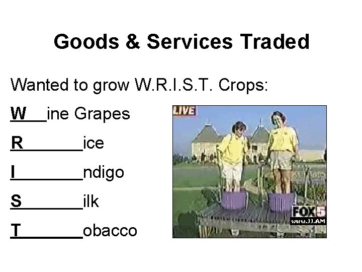 Goods & Services Traded Wanted to grow W. R. I. S. T. Crops: W