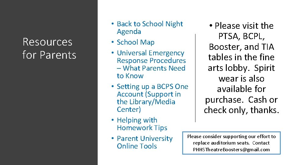 Resources for Parents • Back to School Night • Please visit the Agenda PTSA, Resources for Parents • Back to School Night • Please visit the Agenda PTSA,