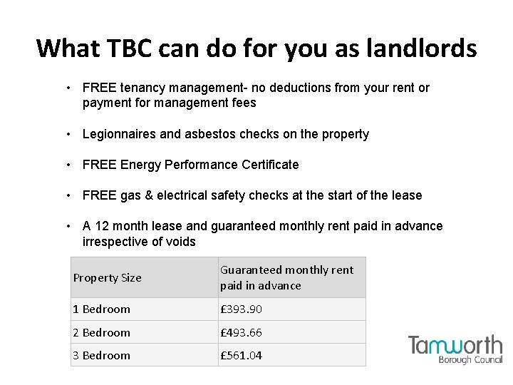 What TBC can do for you as landlords • FREE tenancy management- no deductions
