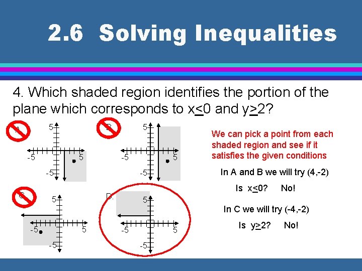 2. 6 Solving Inequalities 4. Which shaded region identifies the portion of the plane