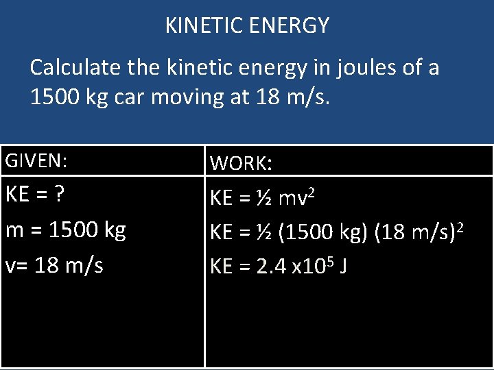 KINETIC ENERGY Calculate the kinetic energy in joules of a 1500 kg car moving