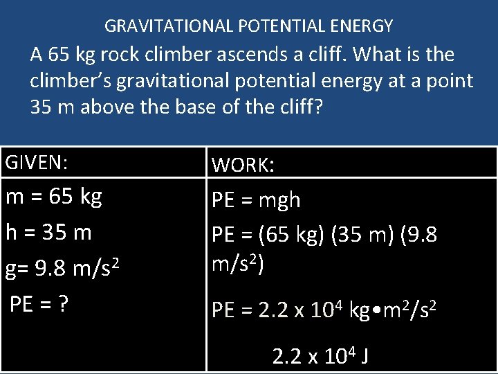 GRAVITATIONAL POTENTIAL ENERGY A 65 kg rock climber ascends a cliff. What is the