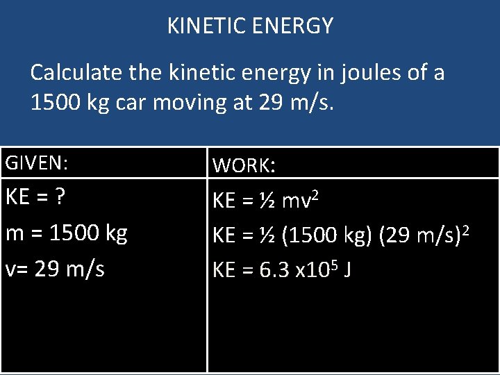 KINETIC ENERGY Calculate the kinetic energy in joules of a 1500 kg car moving