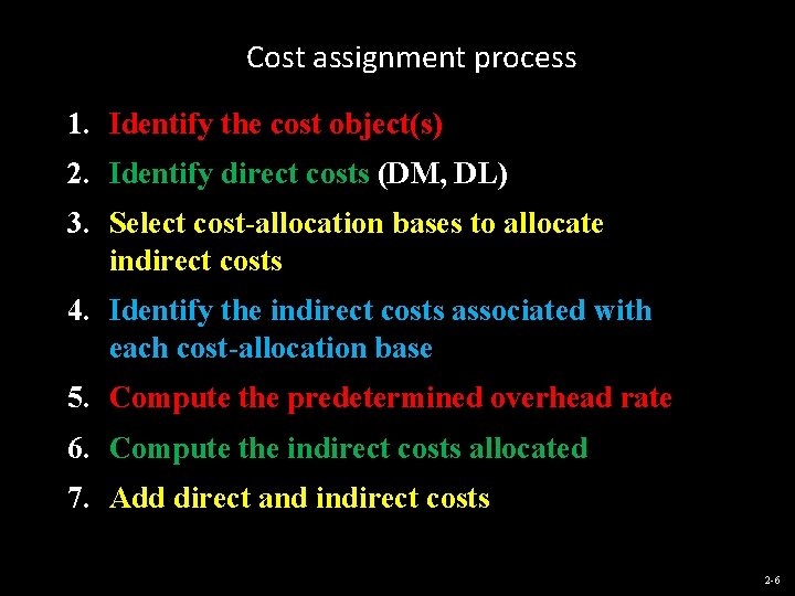 Cost assignment process 1. Identify the cost object(s) 2. Identify direct costs (DM, DL)