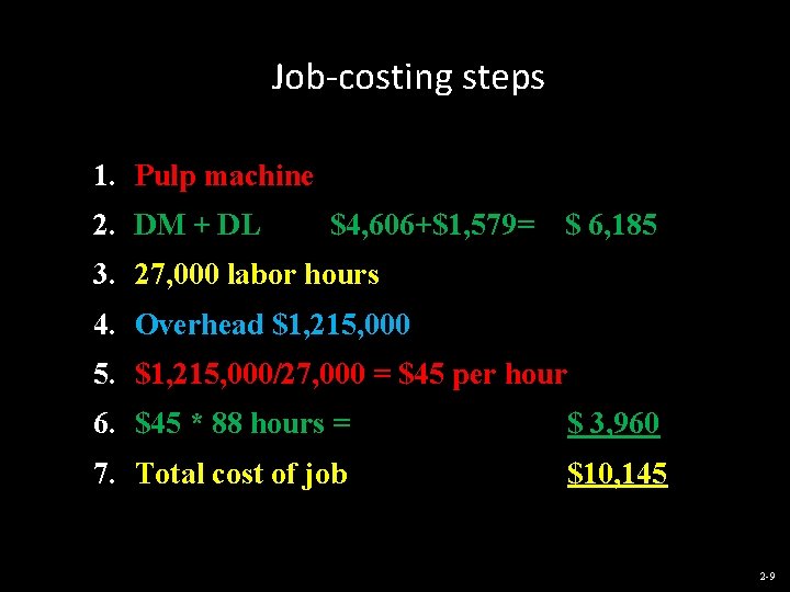 Job-costing steps 1. Pulp machine 2. DM + DL $4, 606+$1, 579= $ 6,