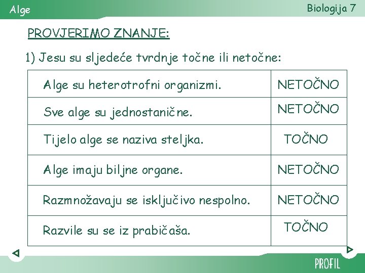 Biologija 7 Alge PROVJERIMO ZNANJE: 1) Jesu su sljedeće tvrdnje točne ili netočne: Alge