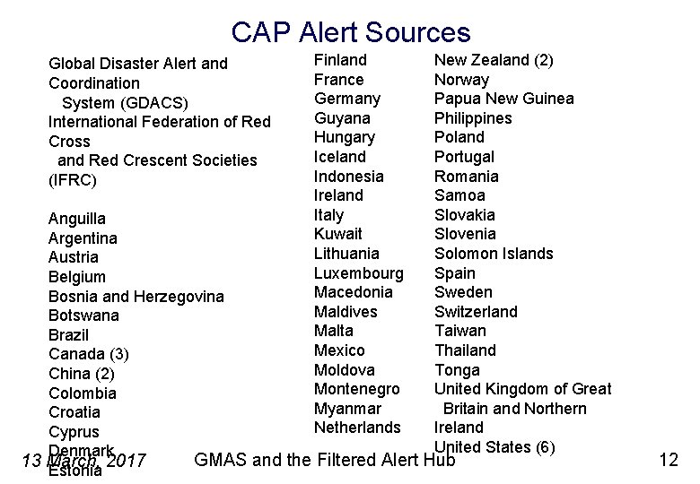 CAP Alert Sources Global Disaster Alert and Coordination System (GDACS) International Federation of Red