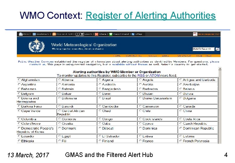 WMO Context: Register of Alerting Authorities 13 March, 2017 GMAS and the Filtered Alert