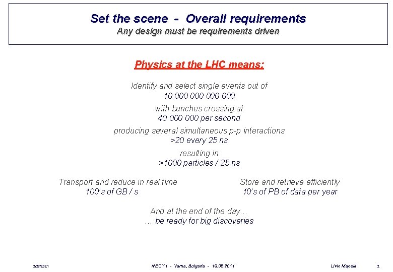 Set the scene - Overall requirements Any design must be requirements driven Physics at