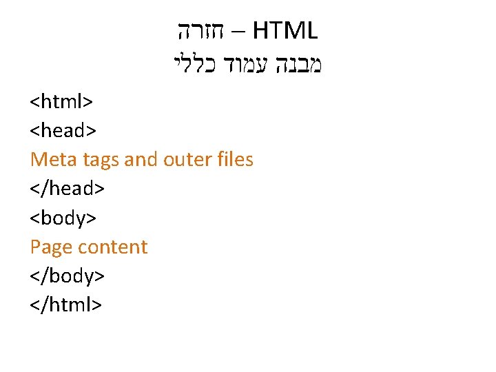  – חזרה HTML מבנה עמוד כללי <html> <head> Meta tags and outer files