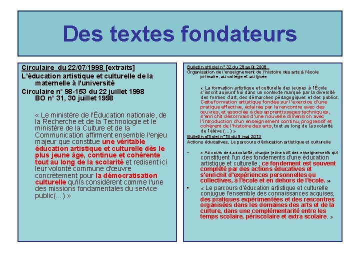 Des textes fondateurs Circulaire du 22/07/1998 [extraits] L'éducation artistique et culturelle de la maternelle