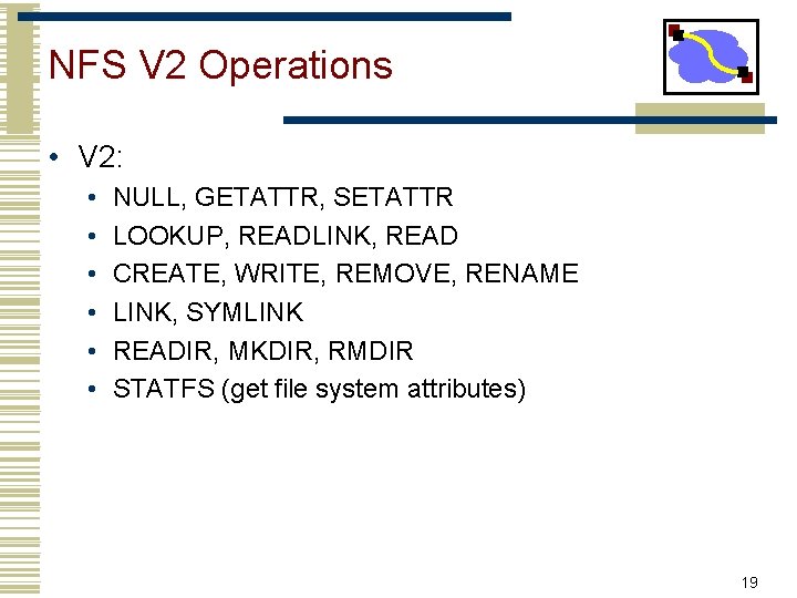 NFS V 2 Operations • V 2: • • • NULL, GETATTR, SETATTR LOOKUP,
