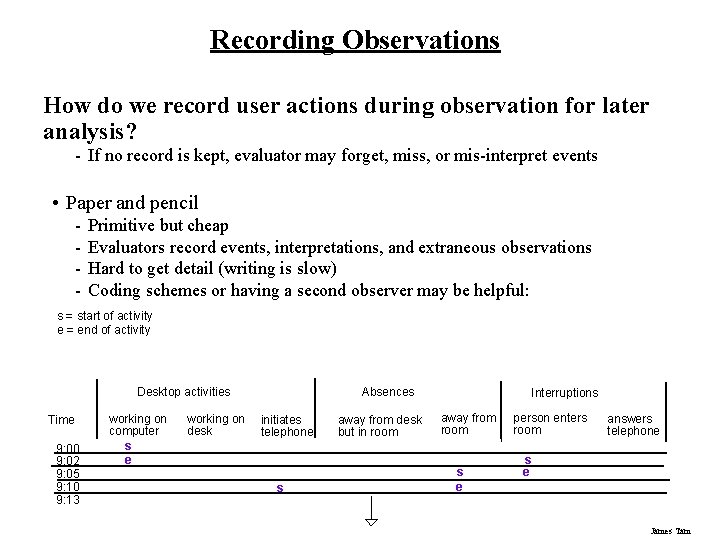 Recording Observations How do we record user actions during observation for later analysis? -