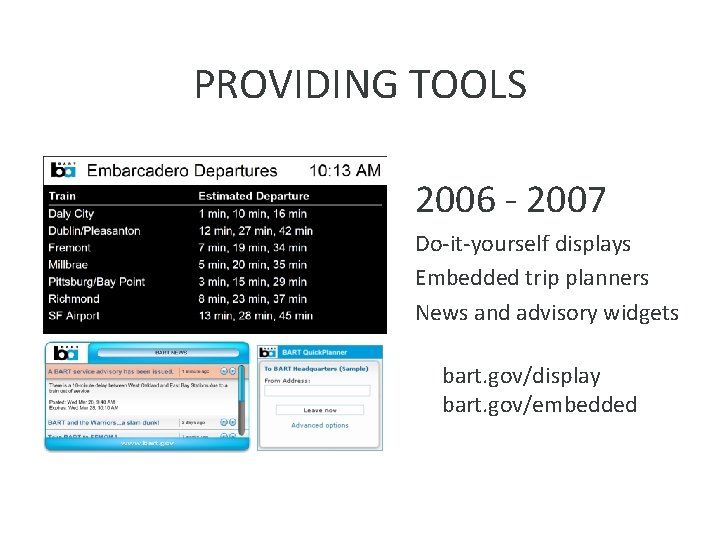 PROVIDING TOOLS 2006 - 2007 Do-it-yourself displays Embedded trip planners News and advisory widgets