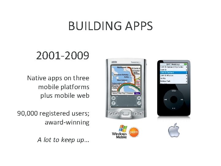 BUILDING APPS 2001 -2009 Native apps on three mobile platforms plus mobile web 90,