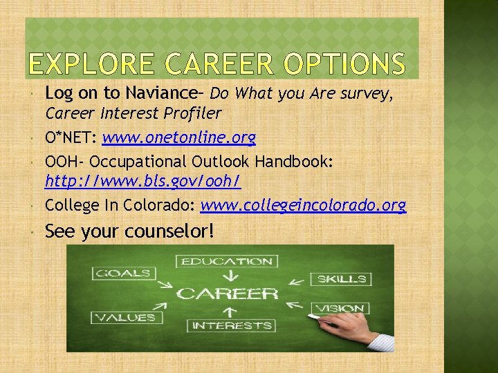  Log on to Naviance– Do What you Are survey, Career Interest Profiler O*NET: