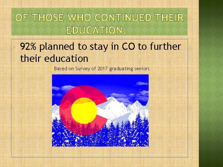  92% planned to stay in CO to further their education � Based on