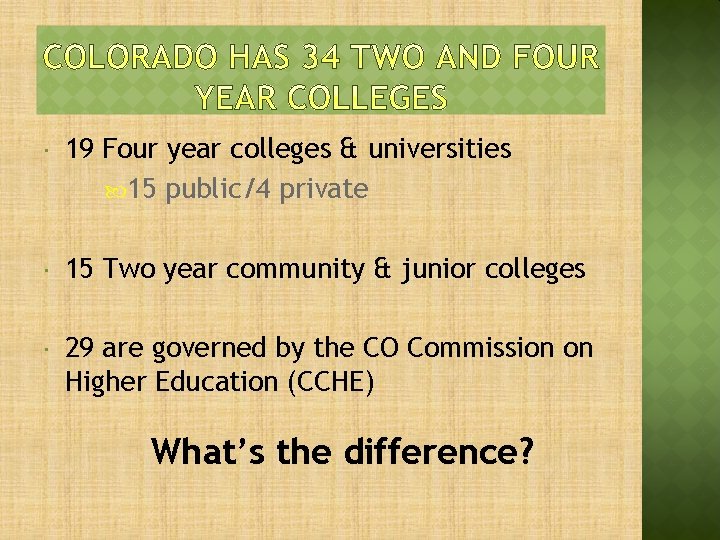  19 Four year colleges & universities 15 public/4 private 15 Two year community