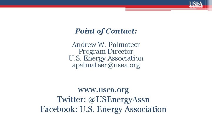 Point of Contact: Andrew W. Palmateer Program Director U. S. Energy Association apalmateer@usea. org