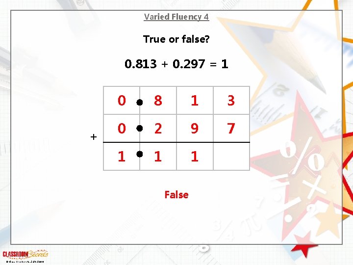 Varied Fluency 4 True or false? 0. 813 + 0. 297 = 1 +