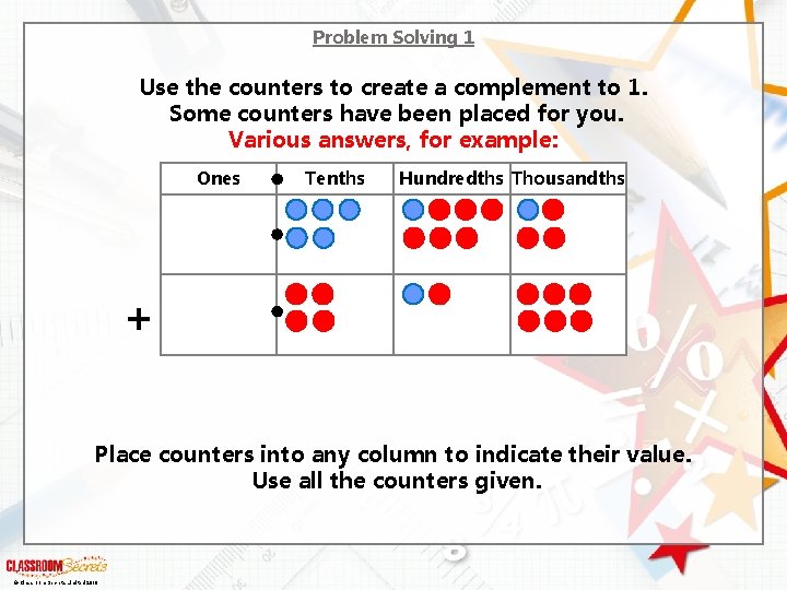 Problem Solving 1 Use the counters to create a complement to 1. Some counters