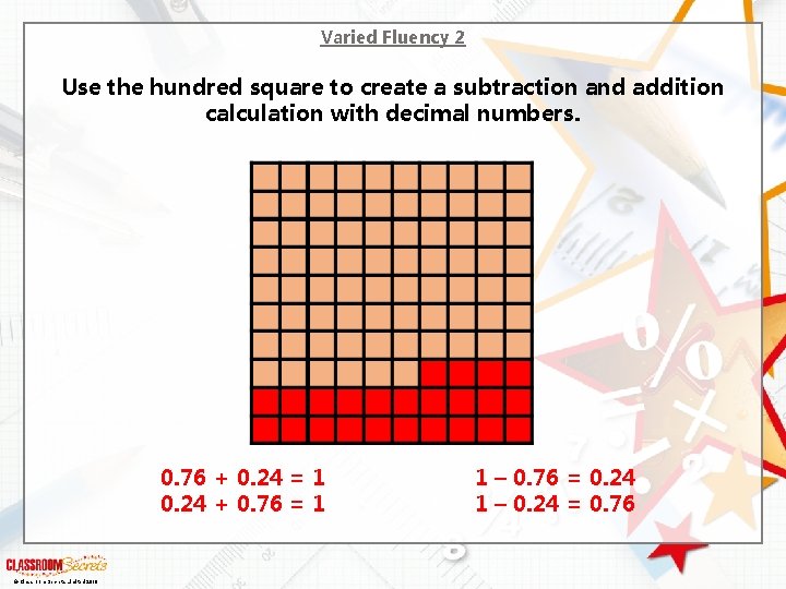 Varied Fluency 2 Use the hundred square to create a subtraction and addition calculation