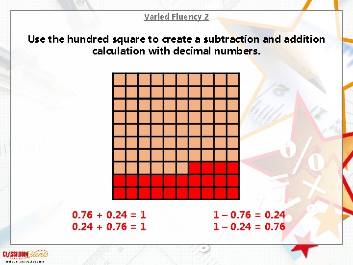 Varied Fluency 2 Use the hundred square to create a subtraction and addition calculation