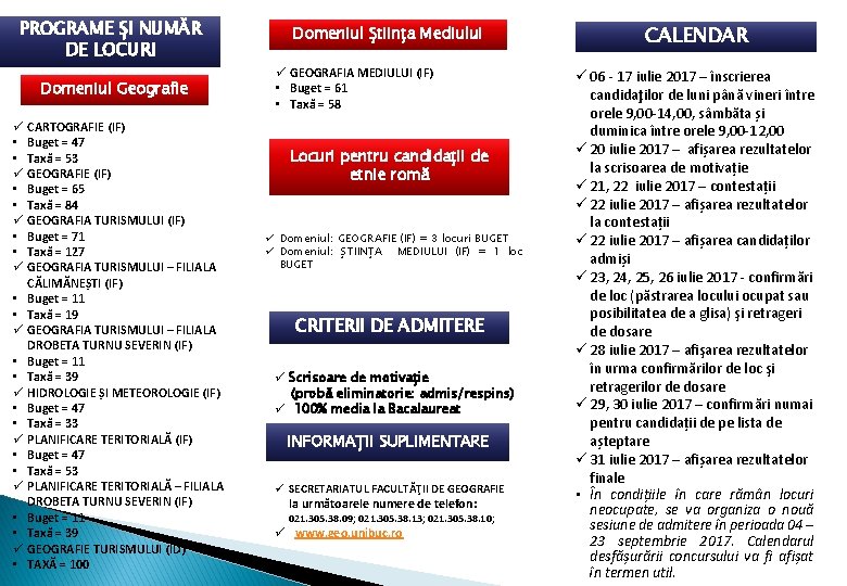 PROGRAME ȘI NUMĂR DE LOCURI Domeniul Geografie ü CARTOGRAFIE (IF) • Buget = 47