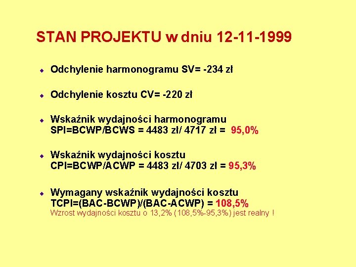 STAN PROJEKTU w dniu 12 -11 -1999 ¨ Odchylenie harmonogramu SV= -234 zł ¨