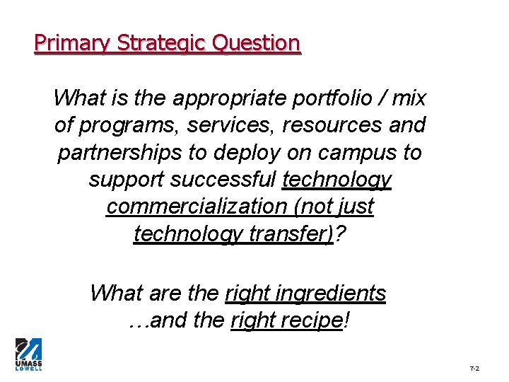 Primary Strategic Question What is the appropriate portfolio / mix of programs, services, resources