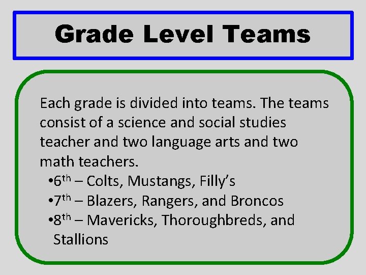 Grade Level Teams Each grade is divided into teams. The teams consist of a Grade Level Teams Each grade is divided into teams. The teams consist of a