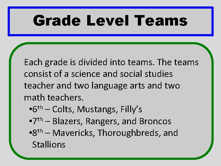 Grade Level Teams Each grade is divided into teams. The teams consist of a