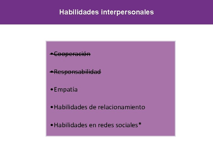 Habilidades interpersonales • Cooperación • Responsabilidad • Empatía • Habilidades de relacionamiento • Habilidades