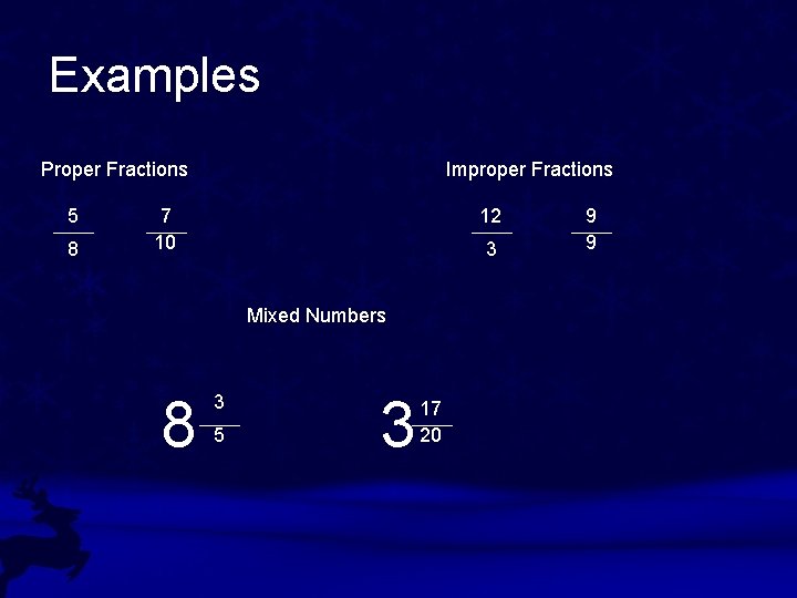 Examples Proper Fractions 5 8 Improper Fractions 7 10 12 3 Mixed Numbers 8