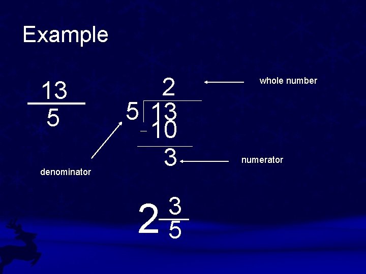Example 13 5 denominator 2 5 13 10 3 2 3 5 whole number